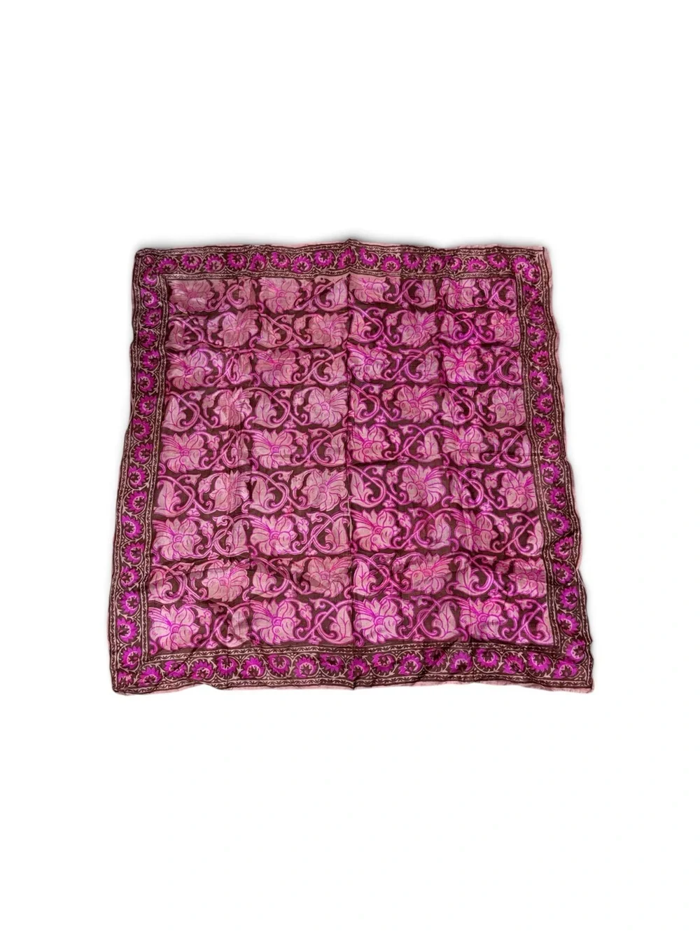 Vintage 90s 100% Silk Scarf India Pink Brown Floral Square 29x29